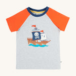 Frugi Renny Raglan T-Shirt in Grey Marl laid flat, featuring an embroidered pirate ship design in the centre, and orange sleeves with a navy collar.