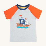 Frugi Renny Raglan T-Shirt in Grey Marl laid flat, featuring an embroidered pirate ship design in the centre, and orange sleeves with a navy collar.