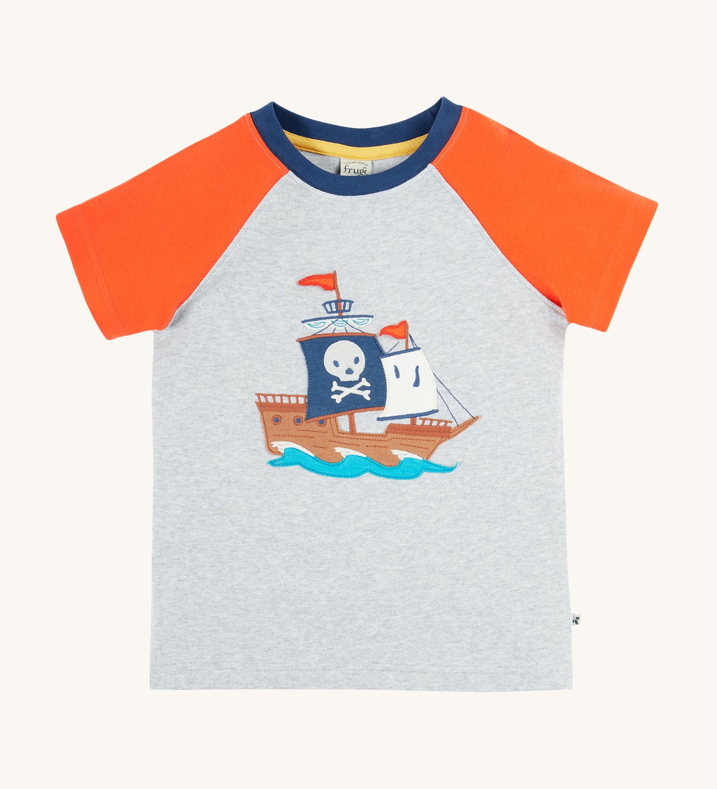Frugi Renny Raglan T-Shirt in Grey Marl laid flat, featuring an embroidered pirate ship design in the centre, and orange sleeves with a navy collar.