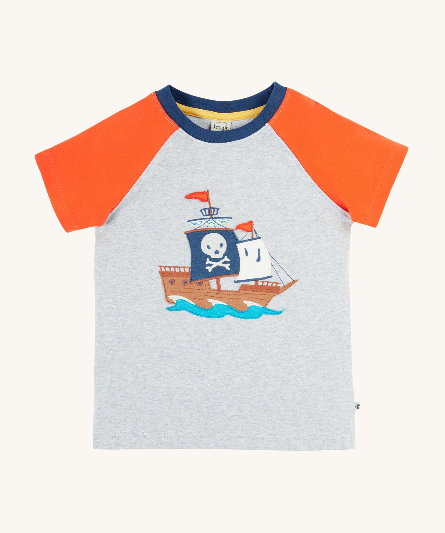 Frugi Renny Raglan T-Shirt in Grey Marl laid flat, featuring an embroidered pirate ship design in the centre, and orange sleeves with a navy collar.