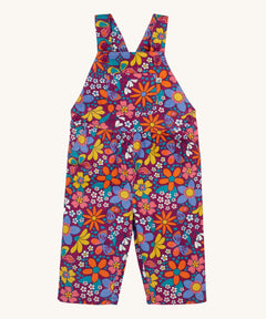 Frugi Elspeth Retro Floral Organic Cotton Corduroy Toddler Dungarees. A purple coloured corduroy with retro flower detailing all over.  These cord dungarees are a part of a wide range of organic cotton clothing for children available here at Babipur. 
