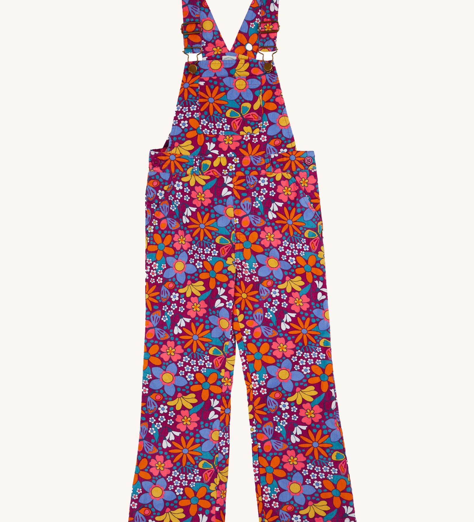 Frugi Retro Floral Kids' Flared Organic cotton Corduroy Dungarees. These cord dungarees are part of a wide range of organic cotton clothing for children available here at Babipur.