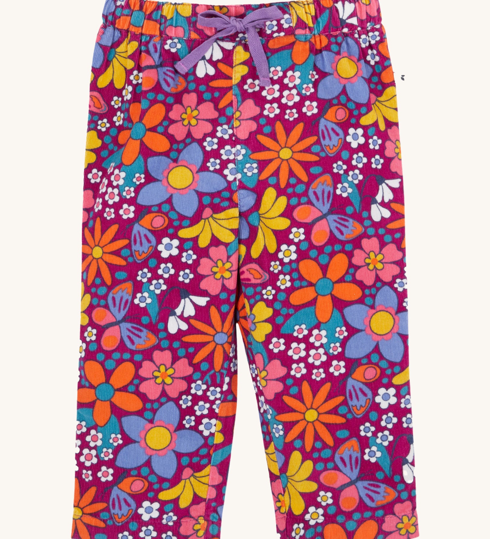 Frugi Retro Floral print Nieva Cotton Corduroy Trousers. A purple coloured corduroy with a colourful all over floral print. These trousers are part of a wide range of organic cotton clothing for children available here at Babipur.
