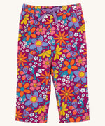 Frugi Retro Floral print Nieva Cotton Corduroy Trousers. A purple coloured corduroy with a colourful all over floral print. These trousers are part of a wide range of organic cotton clothing for children available here at Babipur.