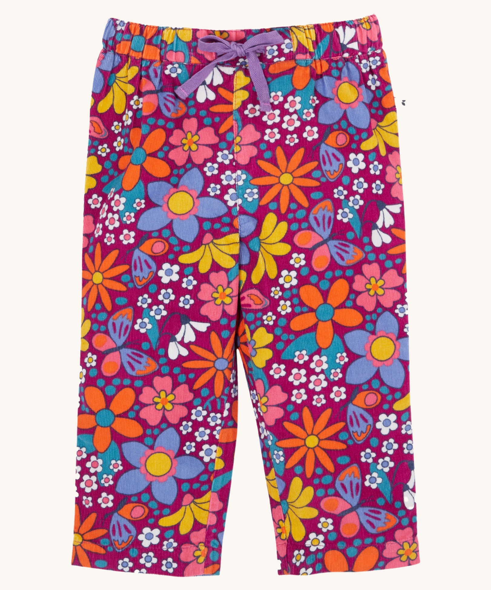 Frugi Retro Floral print Nieva Cotton Corduroy Trousers. A purple coloured corduroy with a colourful all over floral print. These trousers are part of a wide range of organic cotton clothing for children available here at Babipur.