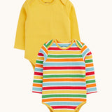 Frugi ribbed material 2 pack long sleeved body vests One vest is plain yellow the other has rainbow stripes, bands of red, pastel yellow, green, orange and pastel blue in between thinner white stripes. 