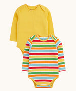 Frugi ribbed material 2 pack long sleeved body vests One vest is plain yellow the other has rainbow stripes, bands of red, pastel yellow, green, orange and pastel blue in between thinner white stripes. 