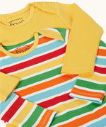 A close up of the envelope necks on the front of the Frugi ribbed material 2 pack long sleeved body vests One vest is plain yellow the other has rainbow stripes, bands of red, pastel yellow, green, orange and pastel blue in between thinner white stripes. 