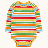 The rainbow striped vest from the Frugi ribbed material 2 pack long sleeved body vests. Rainbow stripes, bands of red, pastel yellow, green, orange and pastel blue in between thinner white stripes. 