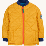 The Frugi robin reversible quilted jacket has a yellow gold colour on one side with a boat blue coloured fleece on the other.