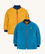 The Frugi Robin Reverse Quilted Fleece Jacket - two of the jackets are shown to display both sides of the reversible kids' coat, one is golden quilted and another is blue fleece.