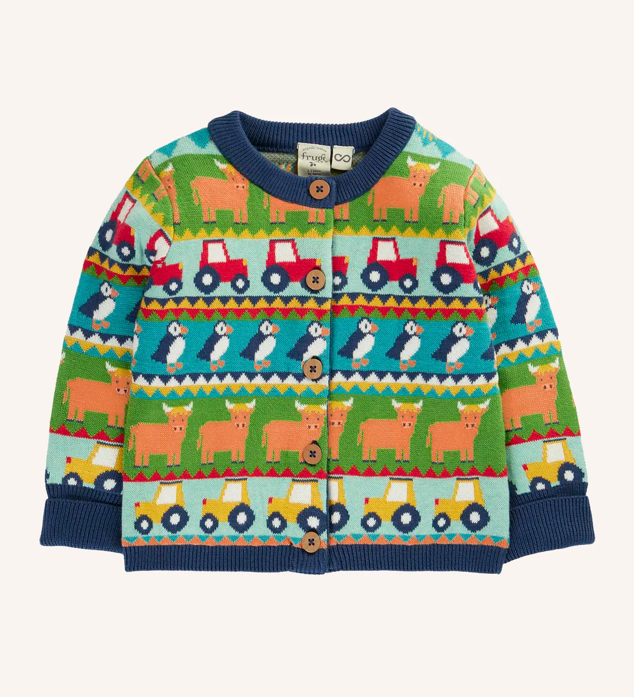 Frugi Robyn fairisle cardigan with colourful farm design featuring tractors, highland coos and puffins. Button up front and navy cuffs, neck and waist band. 