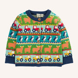 Frugi Robyn fairisle cardigan with colourful farm design featuring tractors, highland coos and puffins. Button up front and navy cuffs, neck and waist band. 