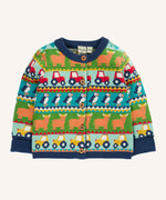 Frugi Robyn fairisle cardigan with colourful farm design featuring tractors, highland coos and puffins. Button up front and navy cuffs, neck and waist band. 