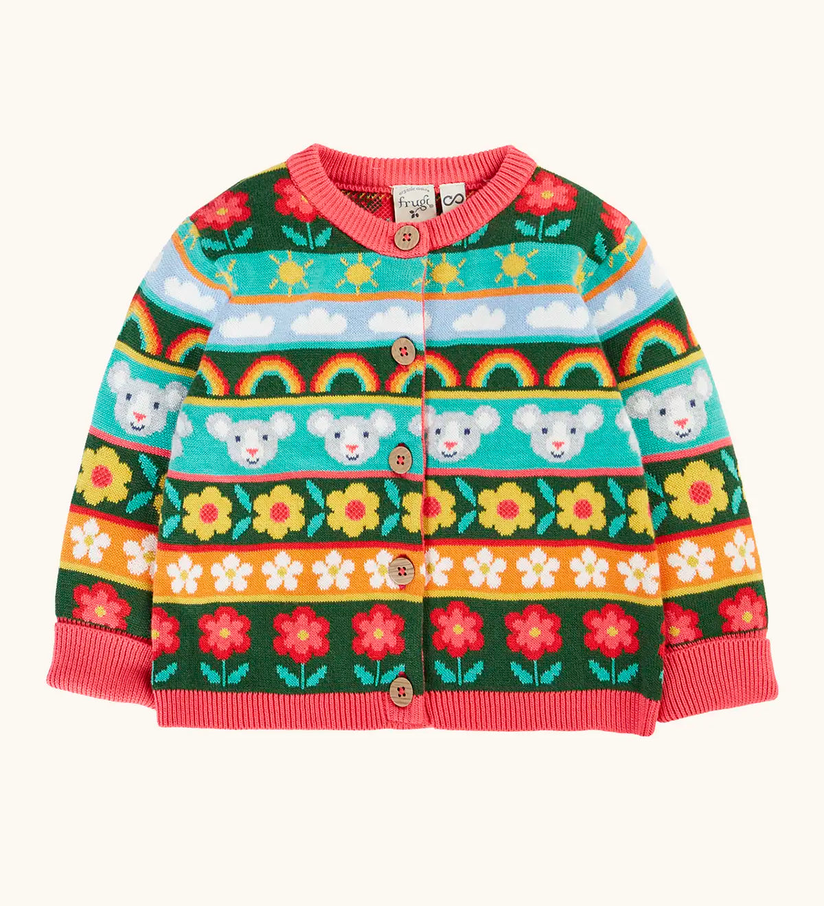 Frugi Robyn fairisle cardigan with a mouse Fair Isle design featuring flowers, rainbows, clouds and suns. 