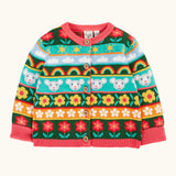 Frugi Robyn fairisle cardigan with a mouse Fair Isle design featuring flowers, rainbows, clouds and suns. 