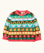 Frugi Robyn fairisle cardigan with a mouse Fair Isle design featuring flowers, rainbows, clouds and suns. 