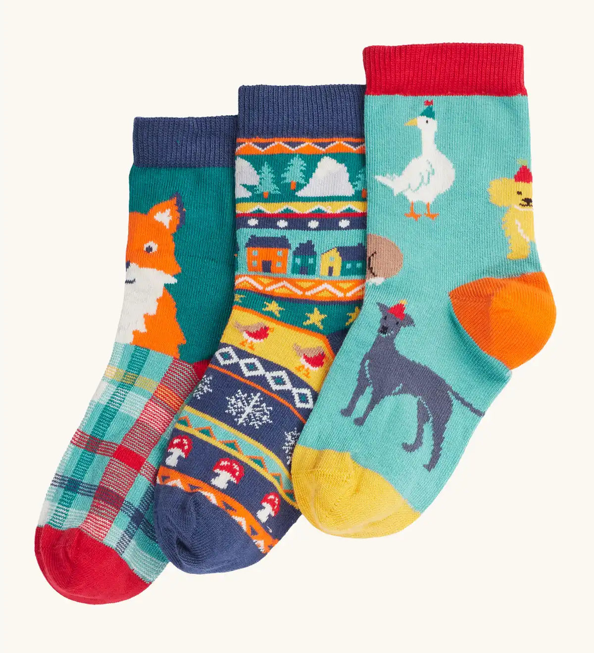 Frugi rock my socks 3 pack paw-ty time pet party organic cotton kids socks. One blue pair covered in pets with party hats, one fair isle design, one festive check with red fox.