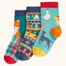 Frugi rock my socks 3 pack paw-ty time pet party organic cotton kids socks. One blue pair covered in pets with party hats, one fair isle design, one festive check with red fox.