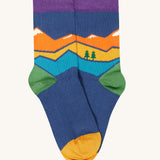 Frugi rock my socks adventure 3 pack organic cotton kids socks. The picture shows the Mountain design socks from the multipack.