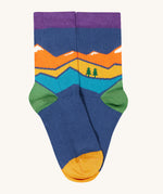 Frugi rock my socks adventure 3 pack organic cotton kids socks. The picture shows the Mountain design socks from the multipack.