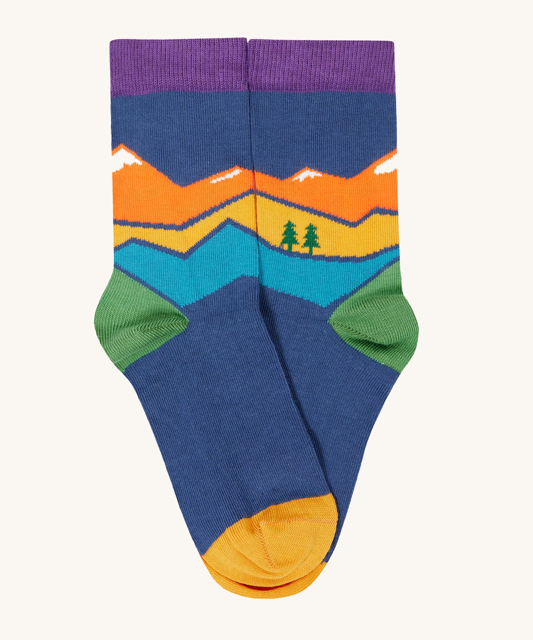 Frugi rock my socks adventure 3 pack organic cotton kids socks. The picture shows the Mountain design socks from the multipack.