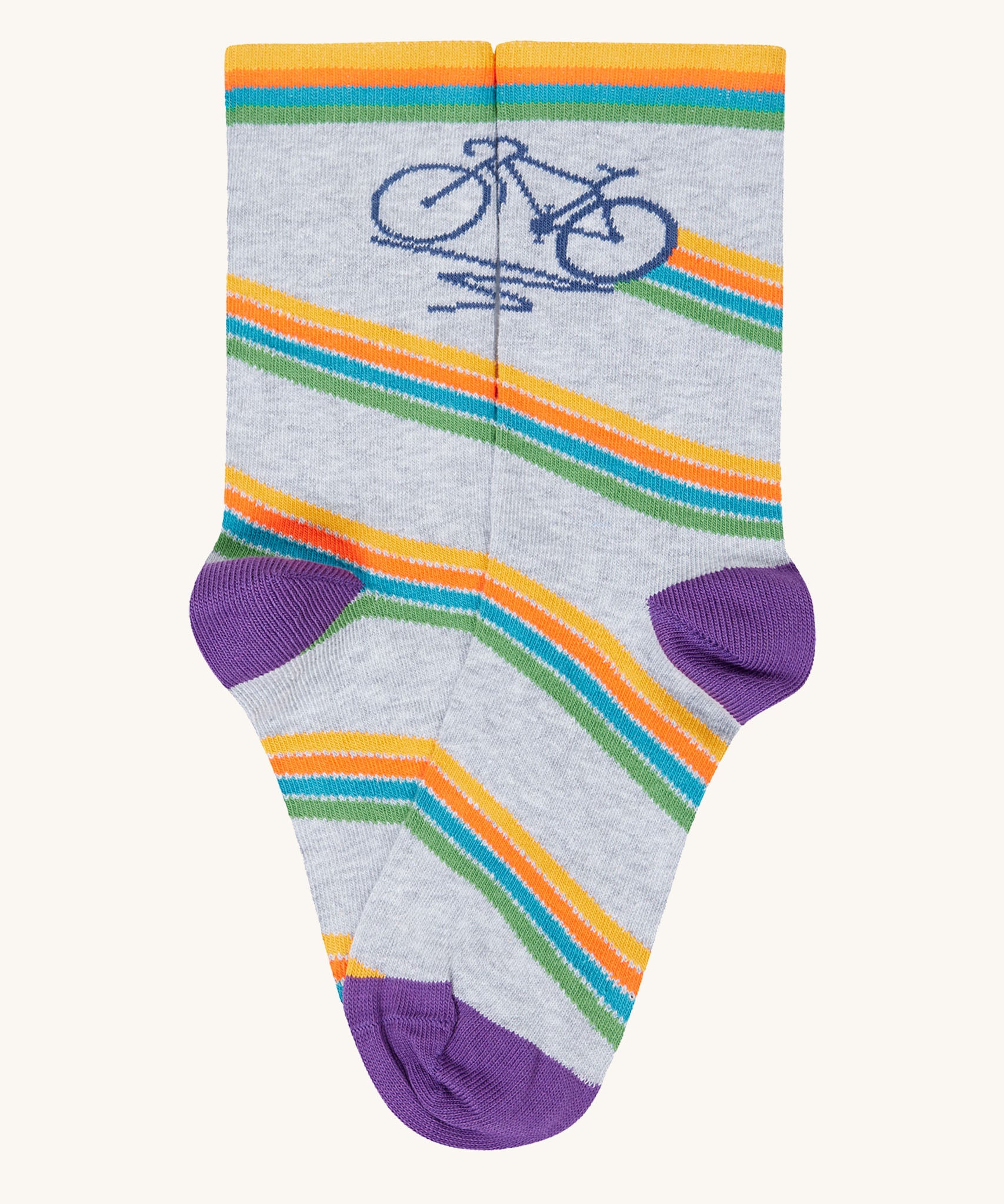 The bicycle design organic cotton kids socks from the Frugi rock my socks adventure socks multipack. The design features a navy blue bicycle with a multi-coloured stripe on a grey marl background.