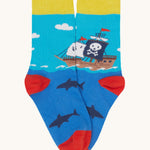 Frugi Rock My Socks laid flat, in the High Seas print. Featuring the blue pirate ship pair.