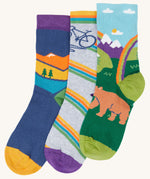 Frugi rock my socks adventure 3 pack organic cotton kids socks. The socks all have adventure themed designs, mountains, bikes and bears.