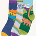 Frugi rock my socks adventure 3 pack organic cotton kids socks. The socks all have adventure themed designs, mountains, bikes and bears.