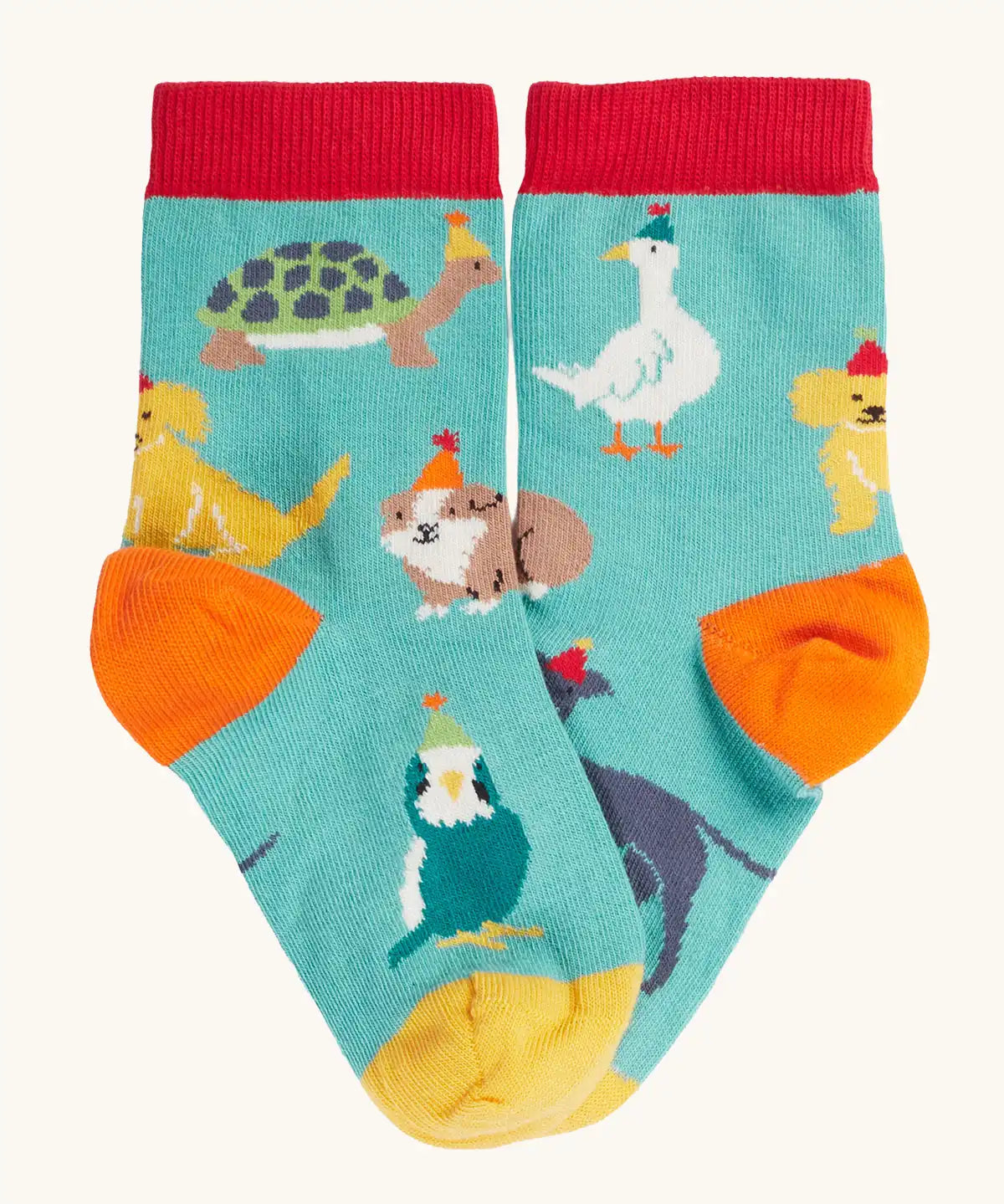 Paw-ty time, pet party design socks from the Frugi rock my socks 3 pack paw-ty time pet party organic cotton kids socks. Blue kids socks covered in pets wearing party hats.