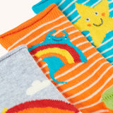 A close up of the orange striped ray socks from the Frugi pack of three bamboo children's socks with roll tops. 