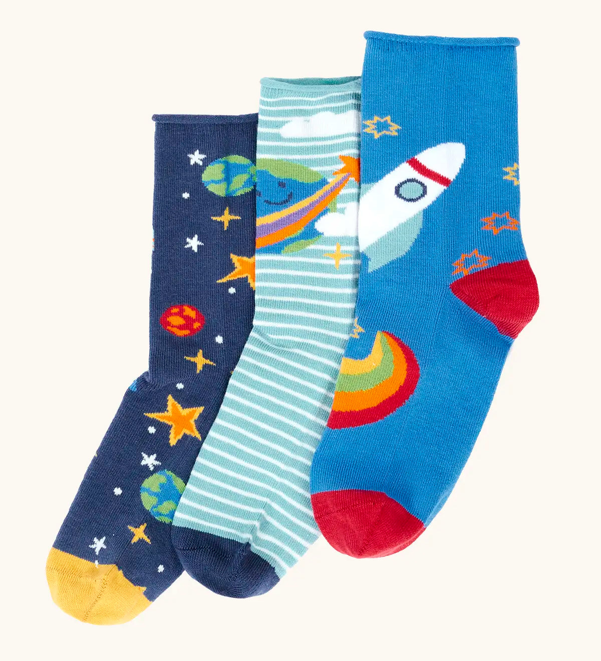 Frugi roly roll top bamboo socks 3 pack with space adventure designs. One navy pair with stars and planets one green striped with earth pair and one blue with a rocket.