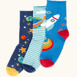 Frugi roly roll top bamboo socks 3 pack with space adventure designs. One navy pair with stars and planets one green striped with earth pair and one blue with a rocket.