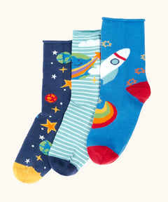 Frugi roly roll top bamboo socks 3 pack with space adventure designs. One navy pair with stars and planets one green striped with earth pair and one blue with a rocket.