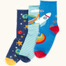 Frugi roly roll top bamboo socks 3 pack with space adventure designs. One navy pair with stars and planets one green striped with earth pair and one blue with a rocket.