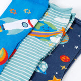 Close up of the Frugi roly roll top bamboo socks 3 pack with space adventure designs. One navy pair with stars and planets one green striped with earth pair and one blue with a rocket.
