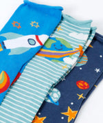 Close up of the Frugi roly roll top bamboo socks 3 pack with space adventure designs. One navy pair with stars and planets one green striped with earth pair and one blue with a rocket.
