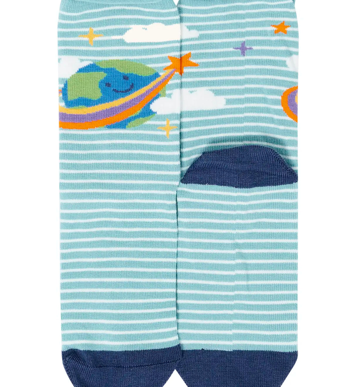 Light blue green socks with an earth design on from the Frugi roly roll top bamboo socks 3 pack with space adventure designs.