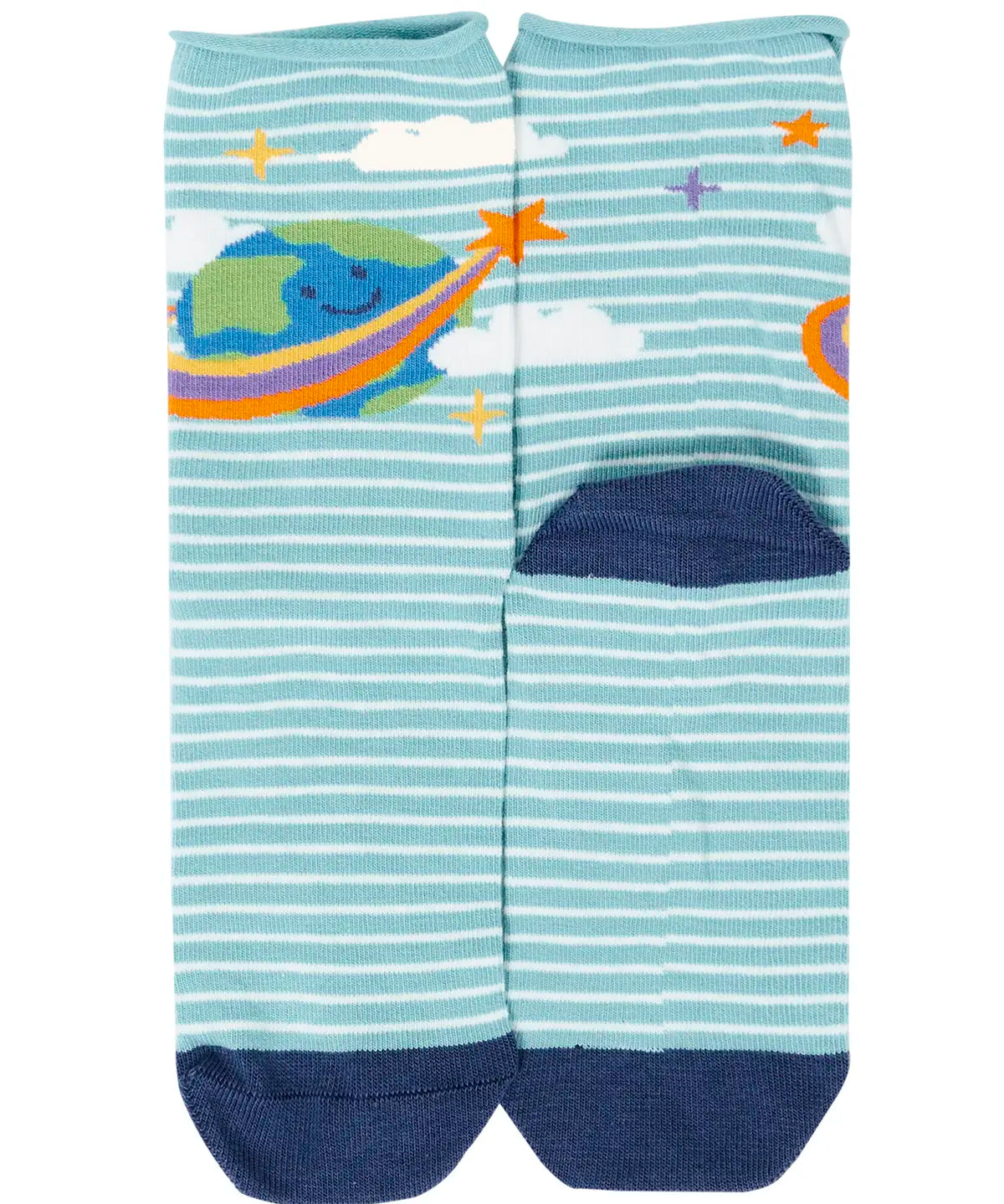 Light blue green socks with an earth design on from the Frugi roly roll top bamboo socks 3 pack with space adventure designs.
