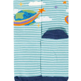 Light blue green socks with an earth design on from the Frugi roly roll top bamboo socks 3 pack with space adventure designs.