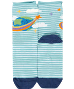 Light blue green socks with an earth design on from the Frugi roly roll top bamboo socks 3 pack with space adventure designs.