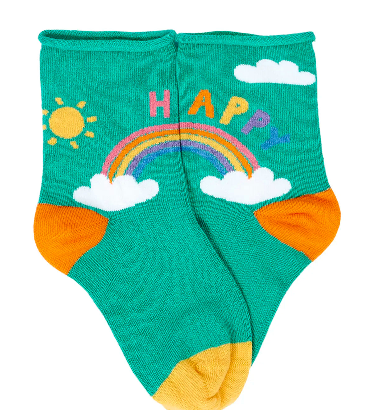 Green kids socks with a rainbow design and the word happy written above from the Frugi little roly bamboo socks in a 3 pack with rainbow designs. 