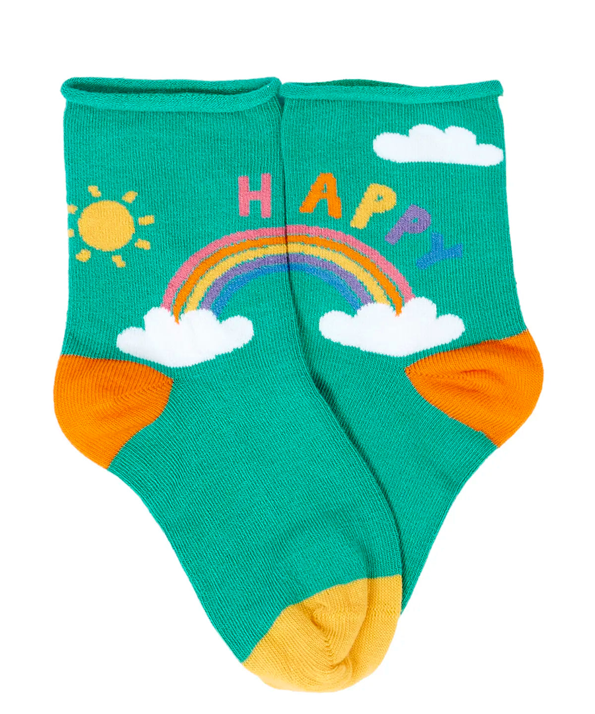 Green kids socks with a rainbow design and the word happy written above from the Frugi little roly bamboo socks in a 3 pack with rainbow designs. 