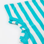 A close up of the Frugi Koala rue romper showing the detail of the popper fastners by the leg cuffs on blue and white striped organic cotton fabric
