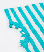 A close up of the Frugi Koala rue romper showing the detail of the popper fastners by the leg cuffs on blue and white striped organic cotton fabric
