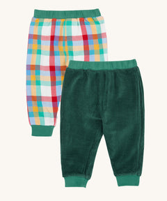 Frugi Ronnie Holly Green Check Reversible Pull-Up Trousers. One side has a rainbow coloured check and the other side has a holly green corduroy. These trousers are part of a wide range of organic cotton clothing for children available here at Babipur.