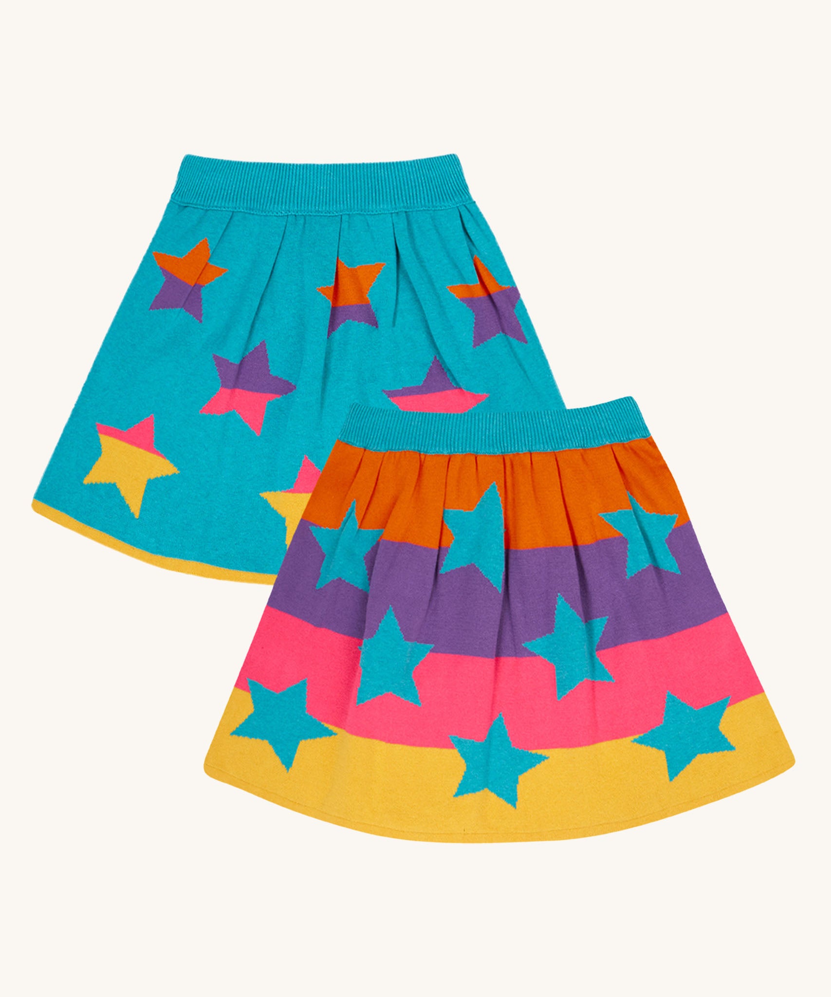 Frugi Rory Reversible organic cotton kids Skirt with a Rainbow Stars design.