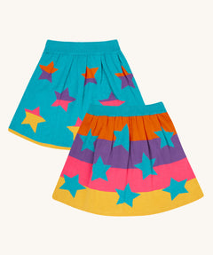 Frugi Rory Reversible organic cotton kids Skirt with a Rainbow Stars design.