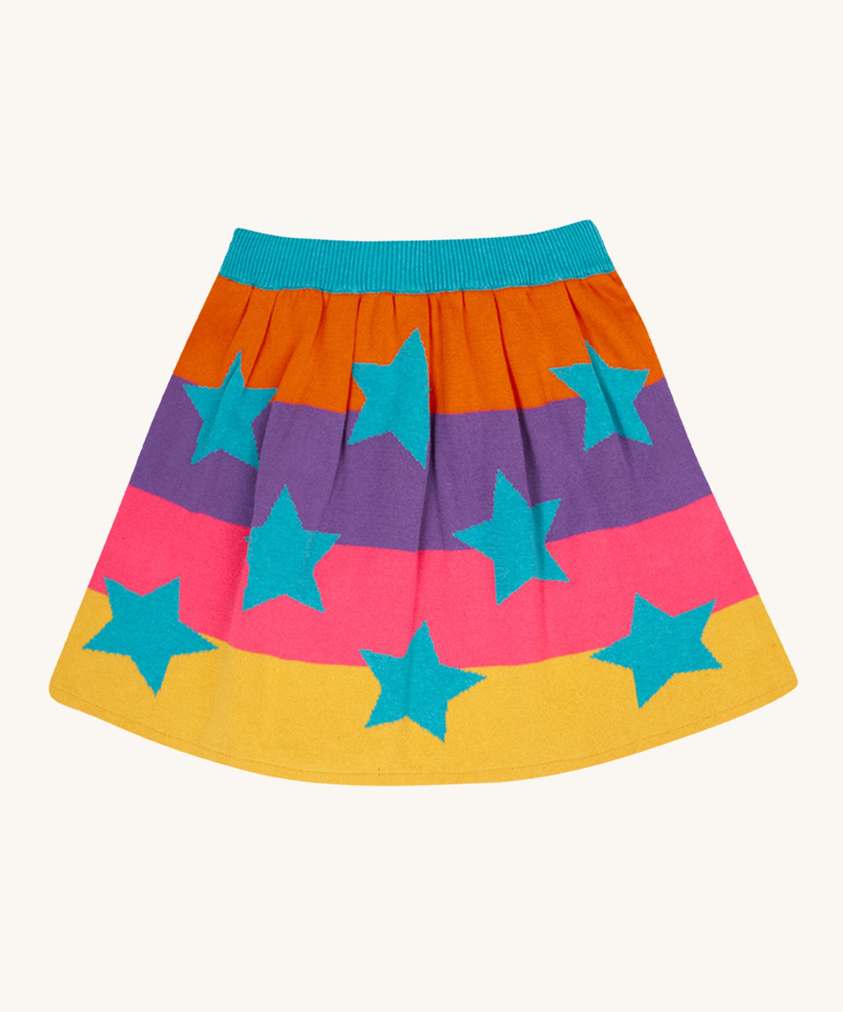 Frugi Rory Reversible organic cotton kids Skirt with a Rainbow Stars design shown on the rainbow stripe side.